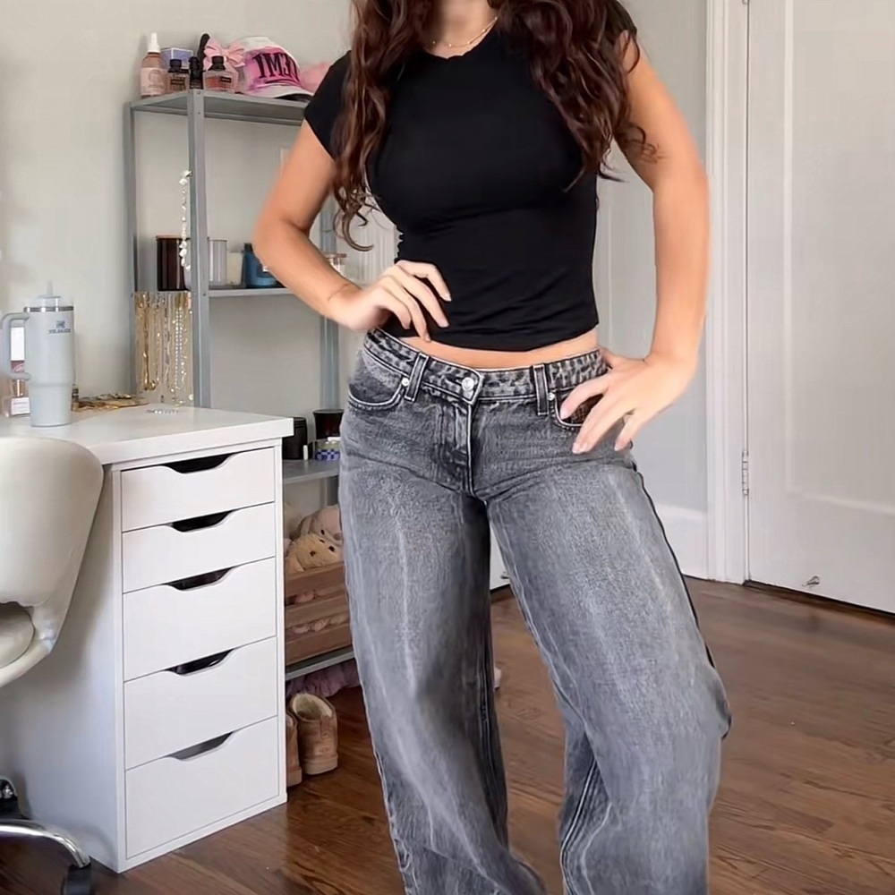 Women's High-Waist Washed Gray Wide-Leg Jeans